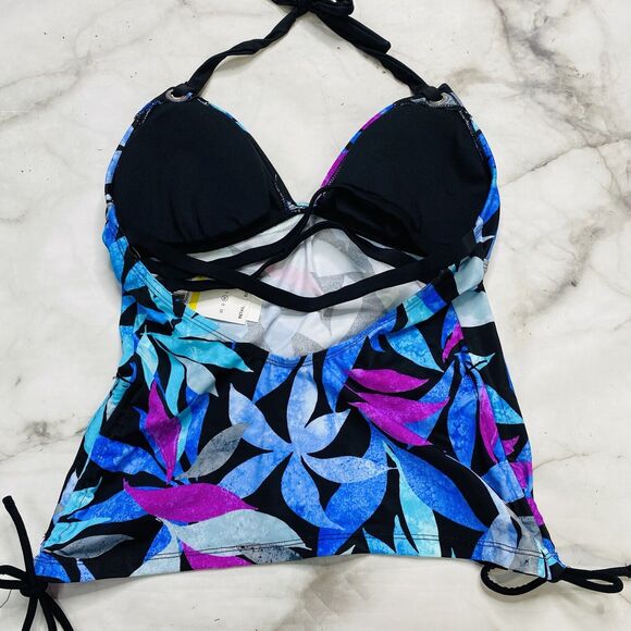 Salt+Cove Tropic Like Its Hot Printed Ruched Halter Tankini Top M Teal Blue New - Picture 5 of 6